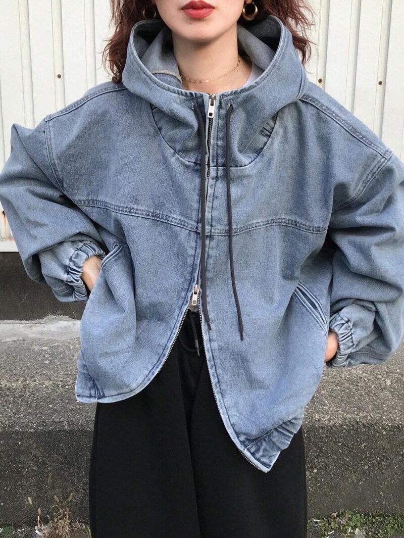 Zip Up Long Sleeve Pocket Casual Hoodie Denim Jacket