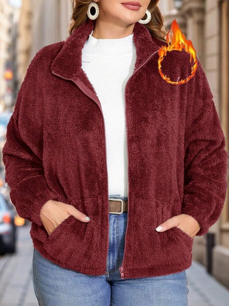 Drop Shoulder Long Sleeve Fleece Zip Up Casual Jacket