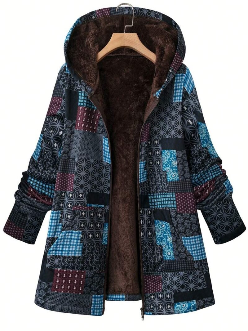 Floral Print Long Sleeve Thermal Lined Loose Casual Hoodie Jacket
