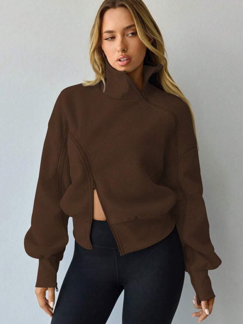 Lantern Sleeve Zip Up High Neck Fleece Hoodie Jacket
