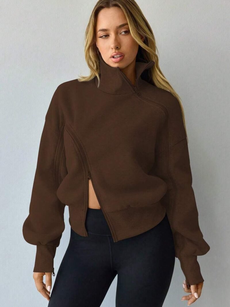 Lantern Sleeve Zip Up High Neck Fleece Hoodie Jacket