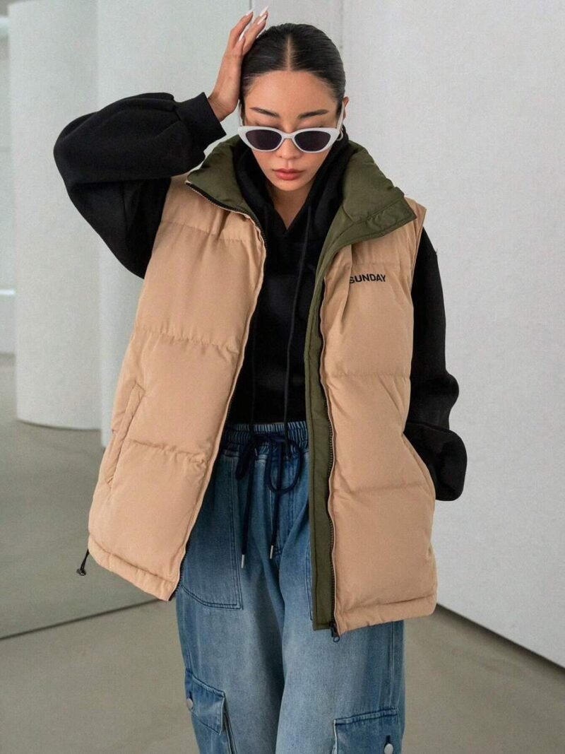 Letter Patched Detail Drawstring Hem Zipper