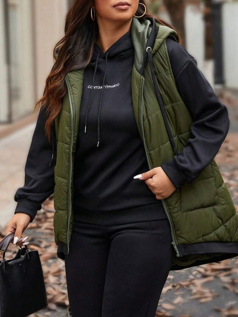 Plus Size Army Green Patchwork Pocket Zipper
