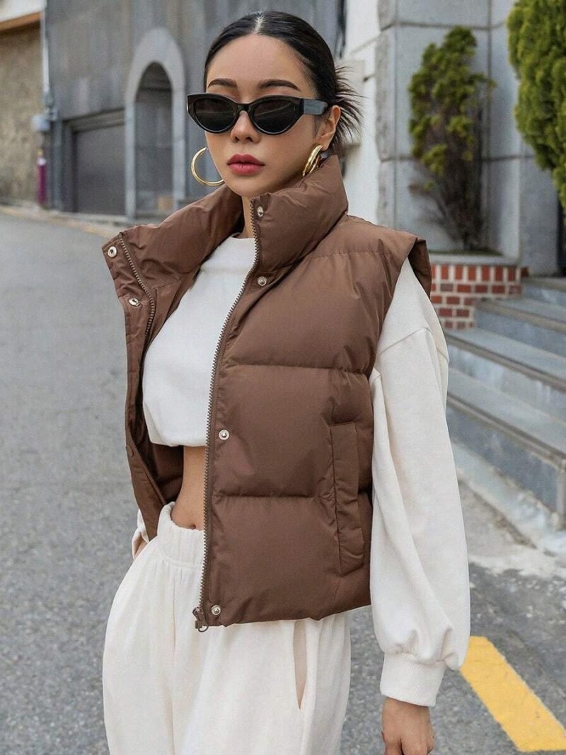 Zip Up Snap Button Padded Vest Pockets Coat