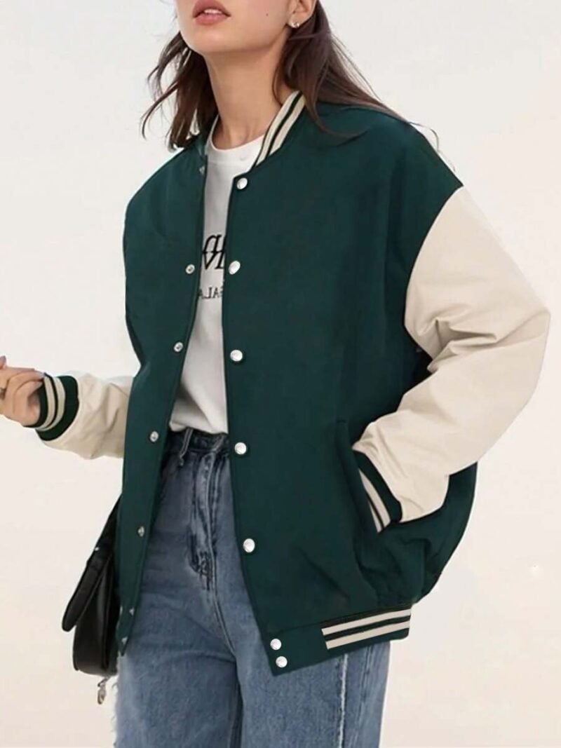 Casual College Style Color Block Baseball Jacket