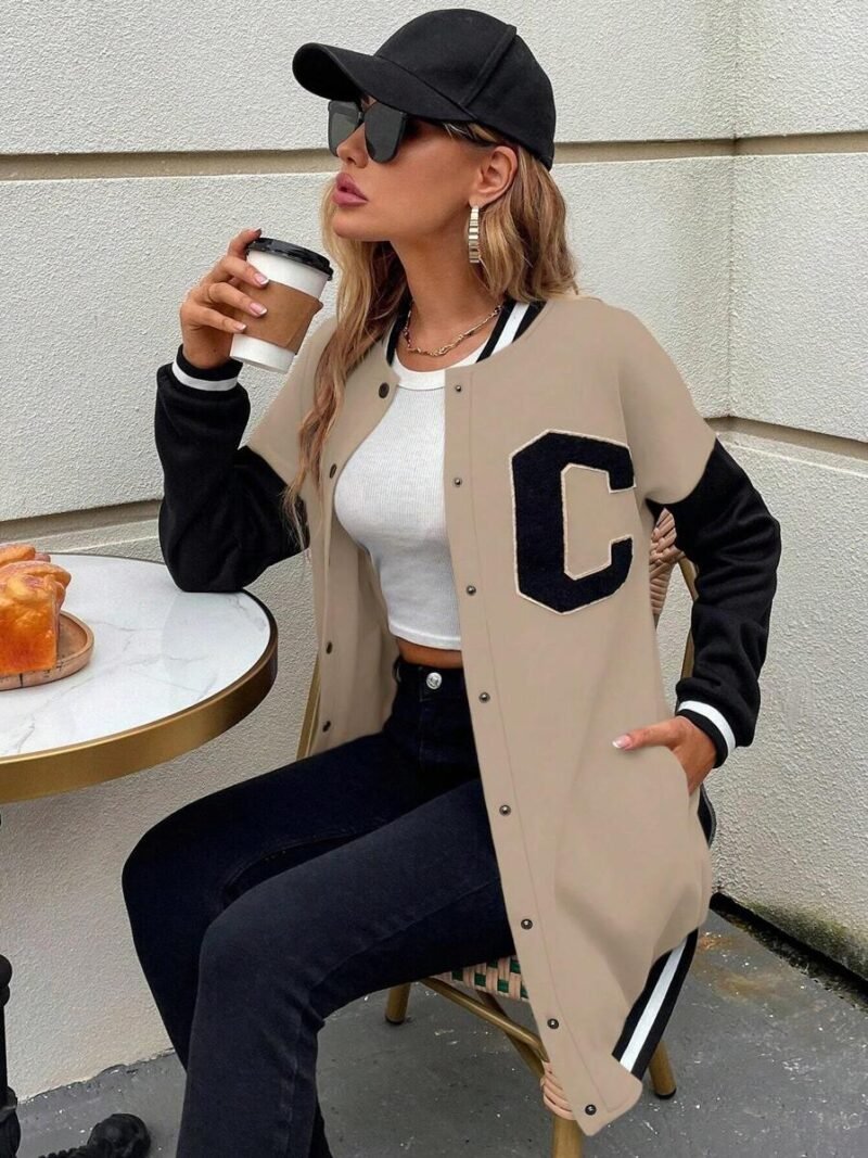 Letter Patched Striped Trim Drop Shoulder Varsity Jacket