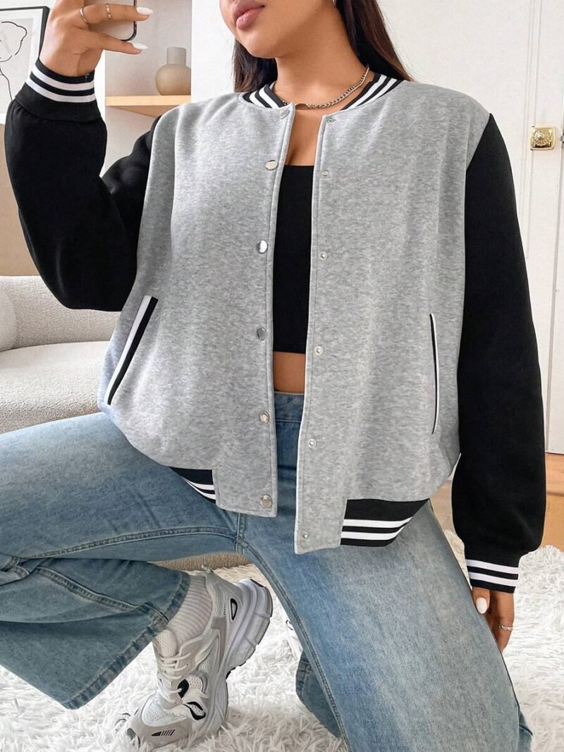 Plus Size Color Block Baseball Jacket