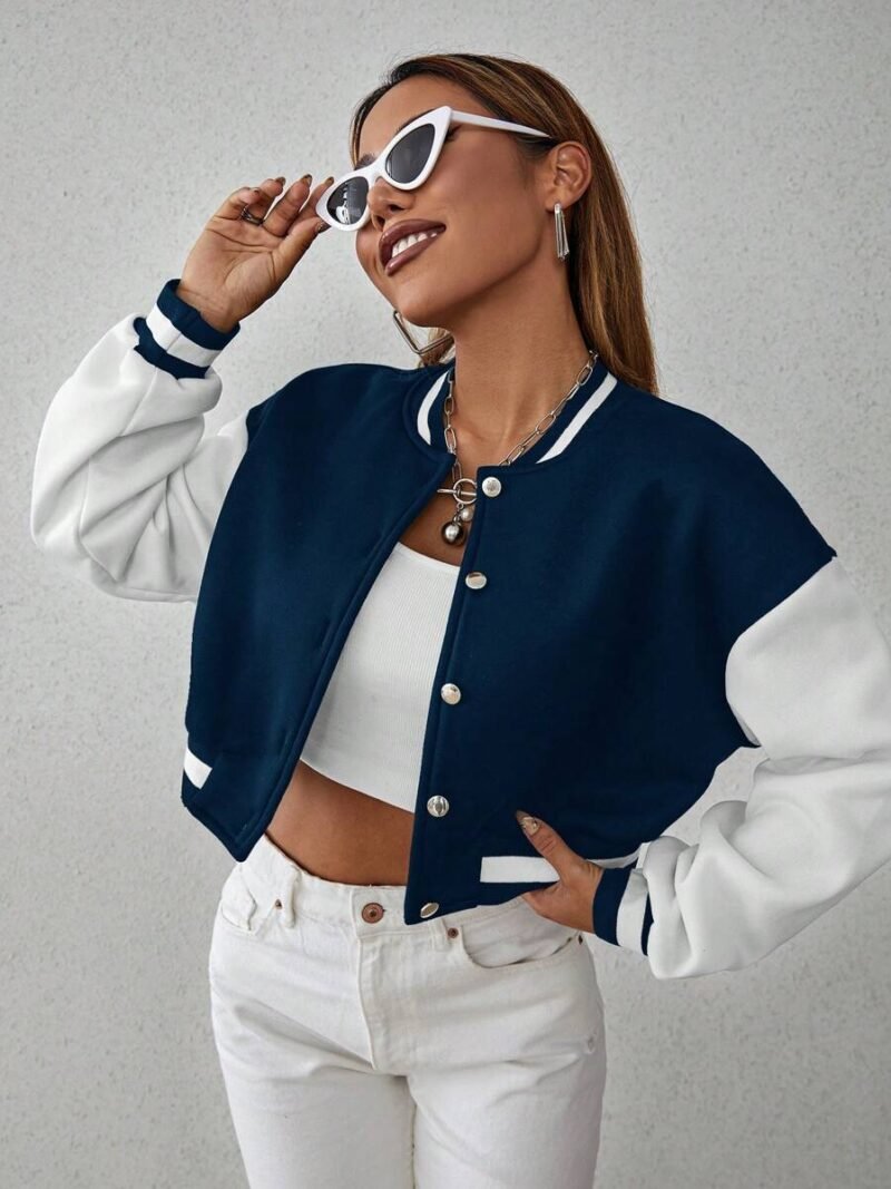 Two Tone Drop Shoulder Crop Varsity Jacket