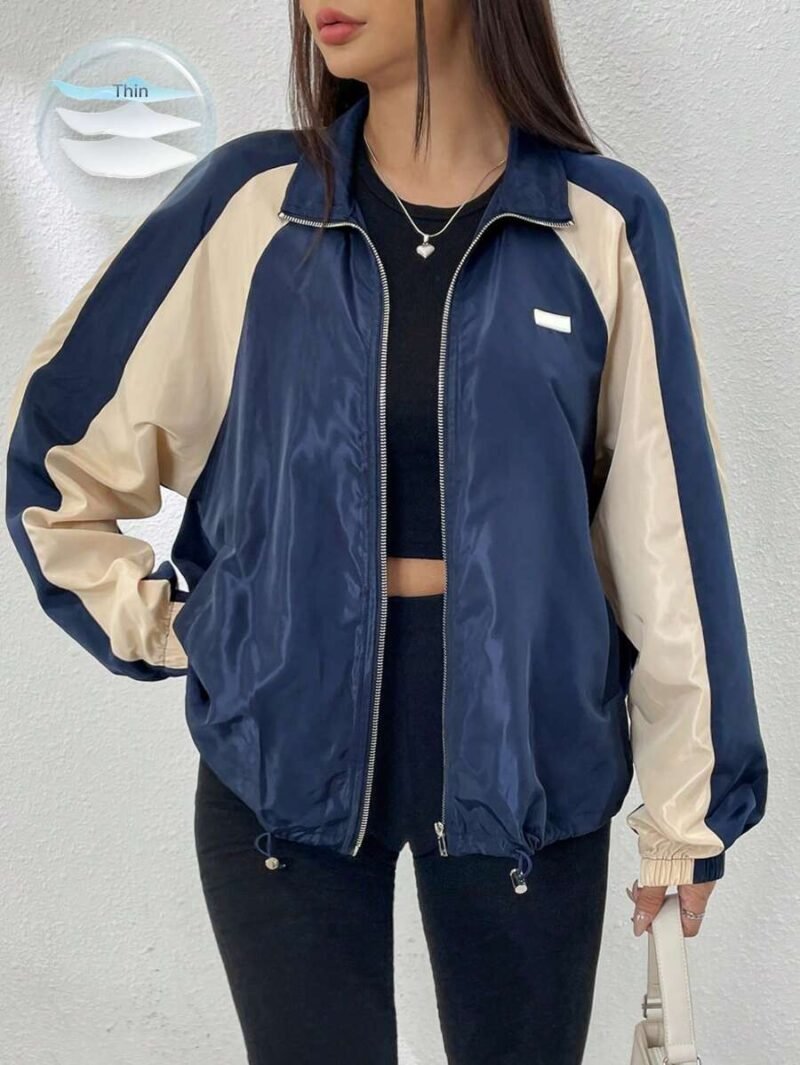 Colorblock Raglan Sleeve Drawstring Hem Zip Up Windbreaker