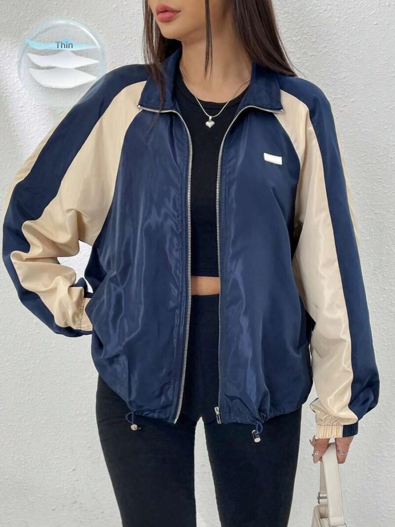 Colorblock Raglan Sleeve Drawstring Hem Zip Up Windbreaker