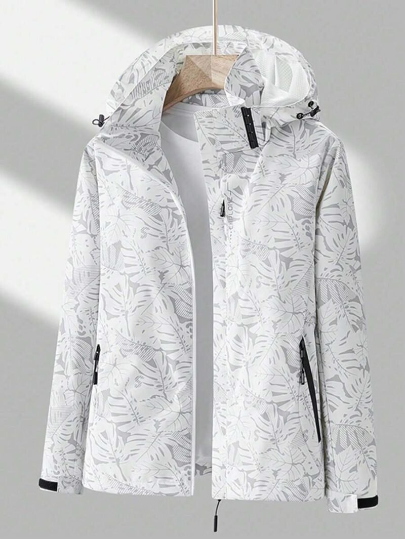 Tropical Plant Print Hooded Outdoor Sports Jacket Windbreaker
