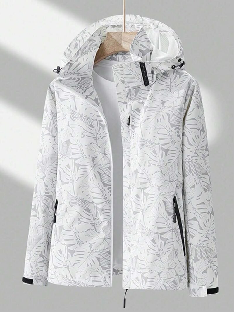 Tropical Plant Print Hooded Outdoor Sports Jacket Windbreaker