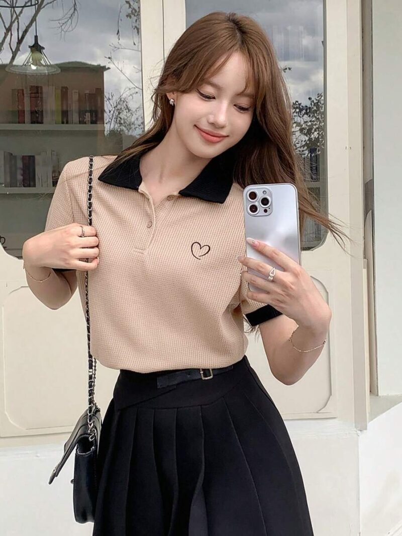 Color Block Heart Pattern Short Sleeve T Shirt