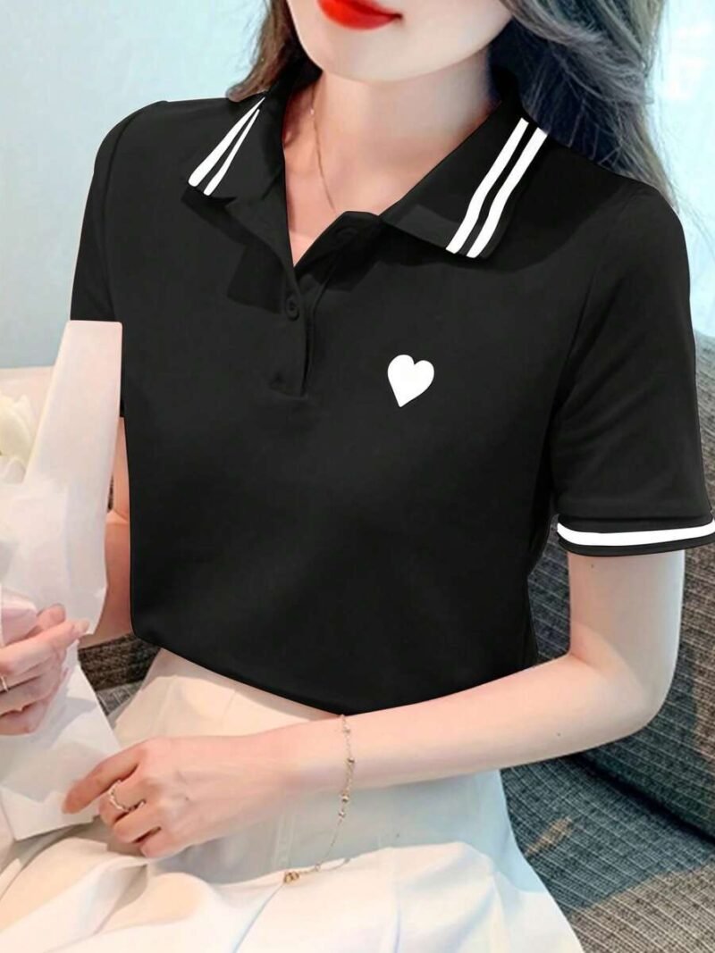 Heart Striped Short Sleeve Casual Polo Shirt
