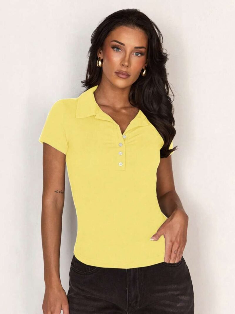 Polo Collar Button Tight Fitted Sporty Bodycon Minimalist Short Sleeve
