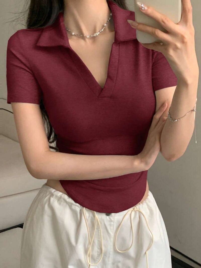 Solid V Collar Short Sleeve Curved Hem Slim Fit Tee