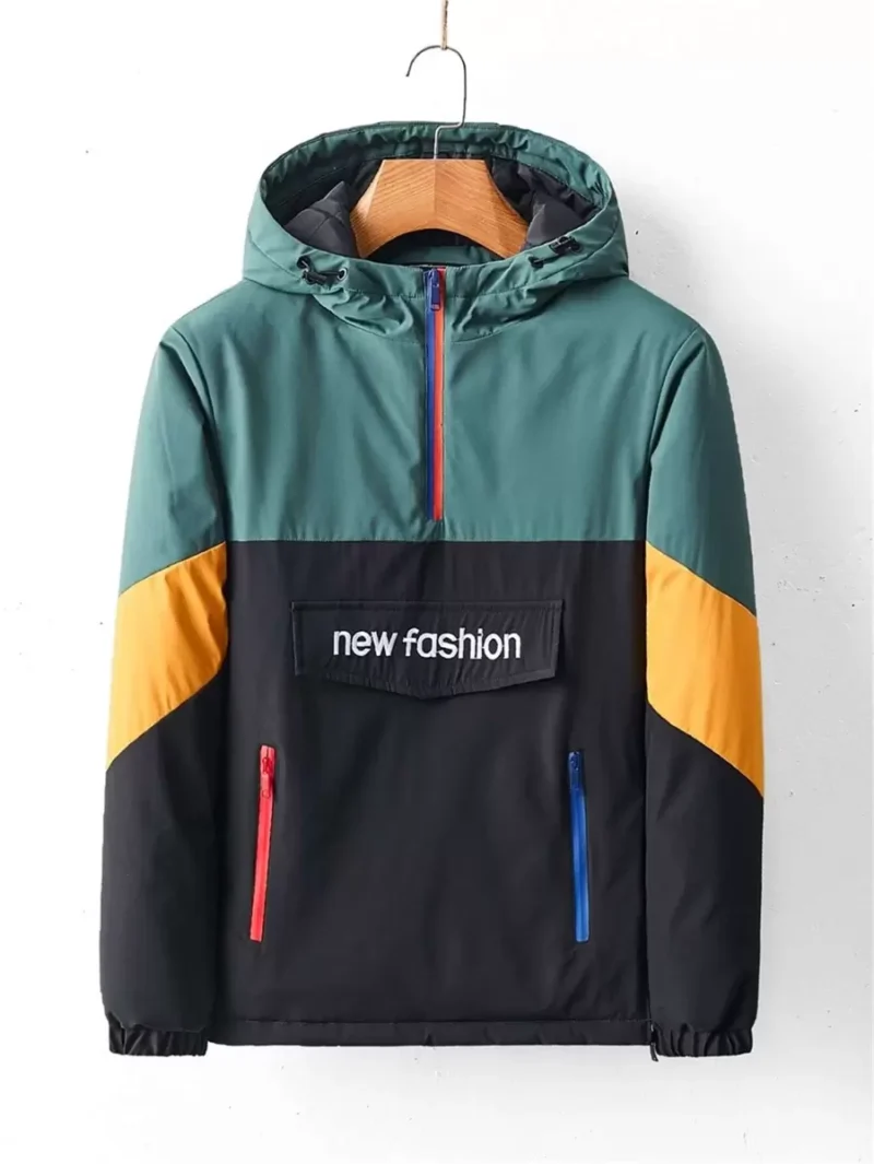 Color Block Letter Embroidery Half Zipper Hooded Jacket