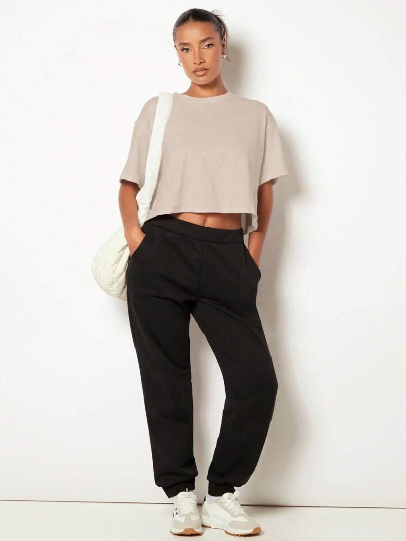 Casual Drop Shoulder Solid Crop Tee