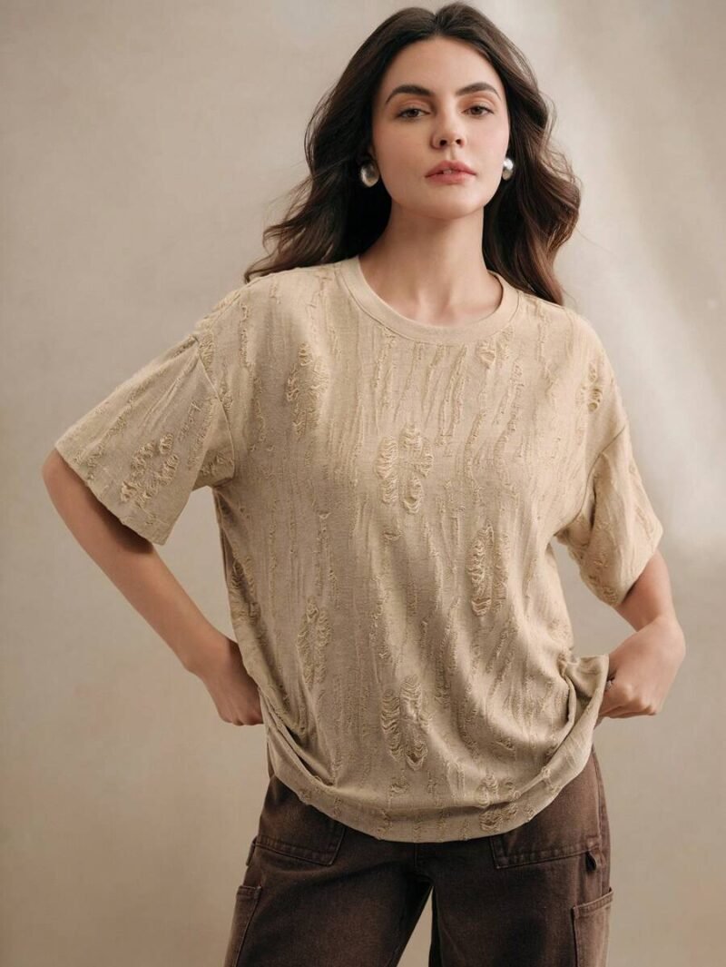 Casual Round Neck Knitted Textured Loose T Shirt