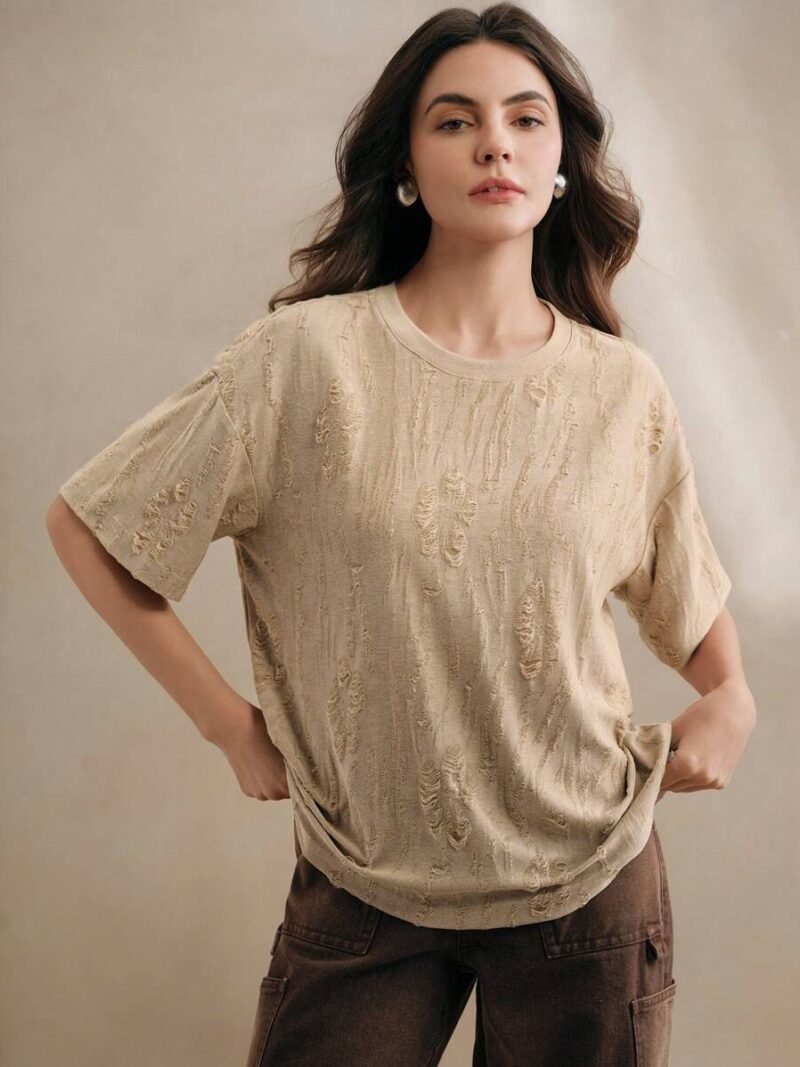 Casual Round Neck Knitted Textured Loose T Shirt