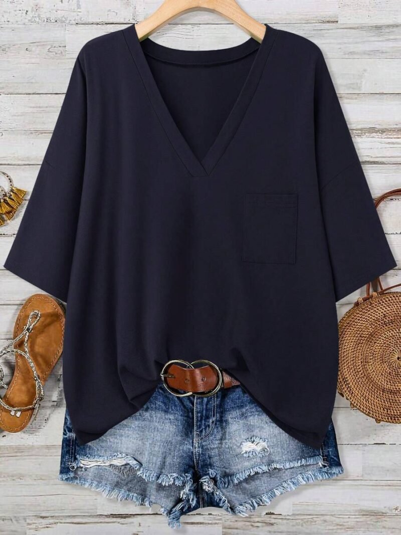 Plus Size Summer Top V Neck Pocket T Shirt