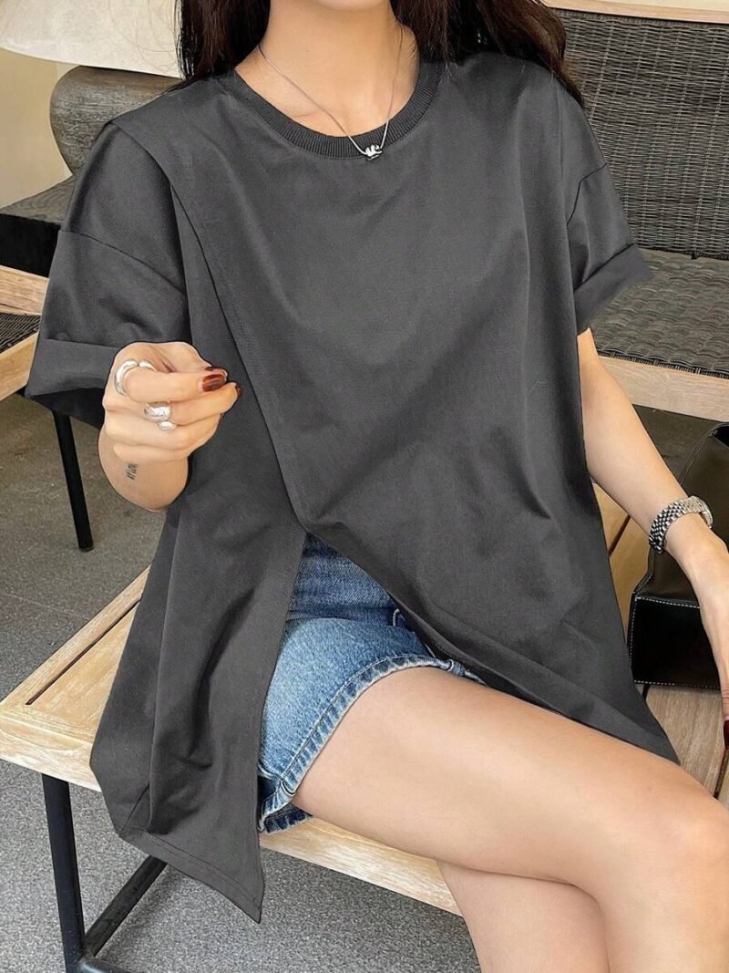 Round Neck Loose Casual Split Hem Short Sleeve T Shirt