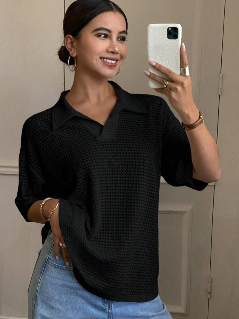 Solid Color Casual Loose Fit Textured Polo Neck