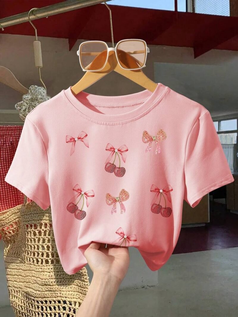 Fruit  Cherry  Bow  Pearl Graphic Print Fitted Tee
