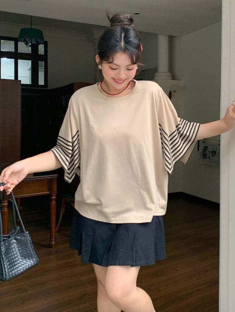 Plus Raglan Batwing Sleeve Contrast Stripe Patchwork Loose Round Neck
