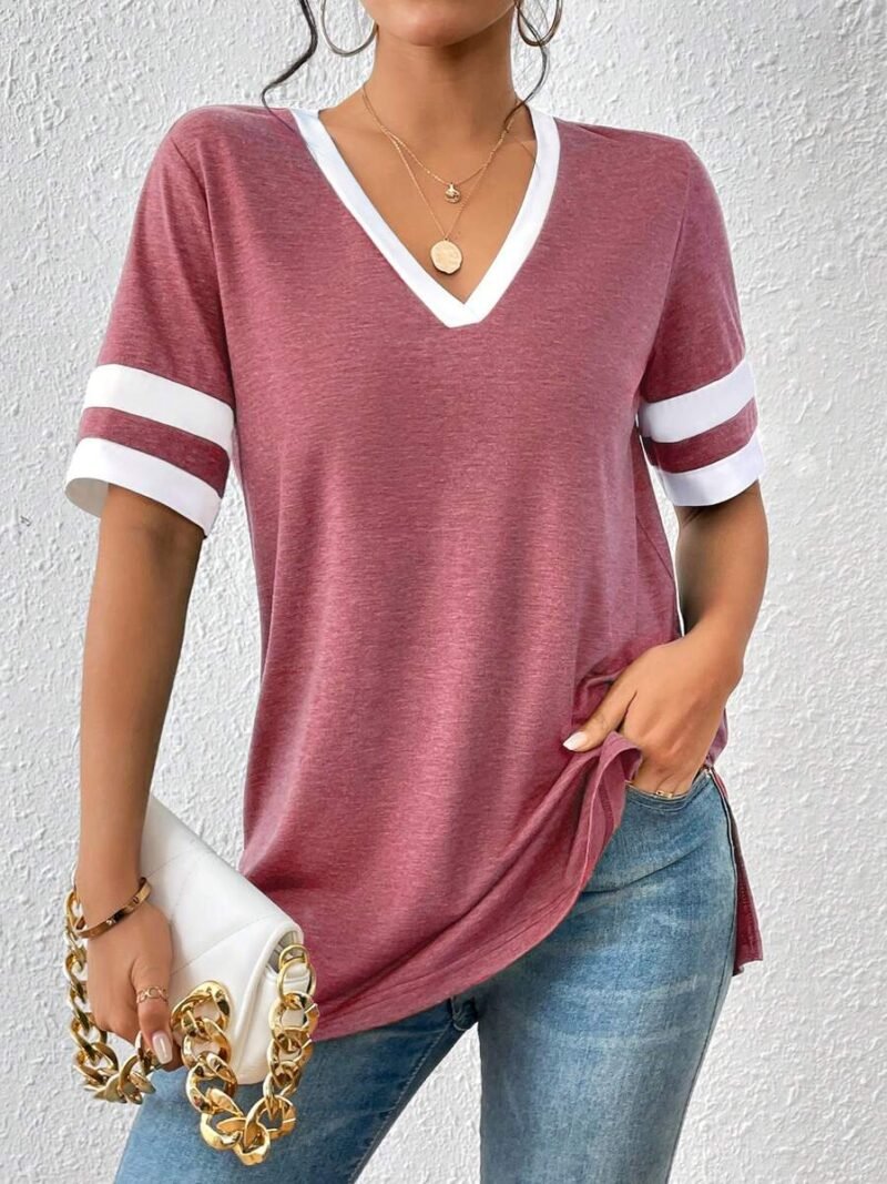 Contrast Trim V Neck Tee