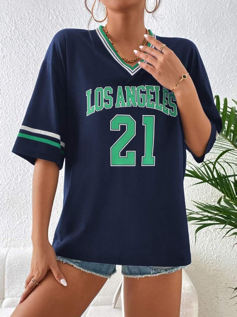 Letter Graphic Striped Trim Drop Shoulder Tee