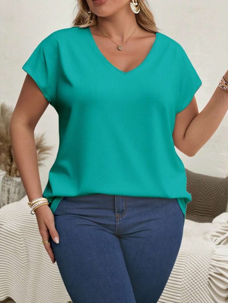 Plus Size V Neck Plain Short Sleeve