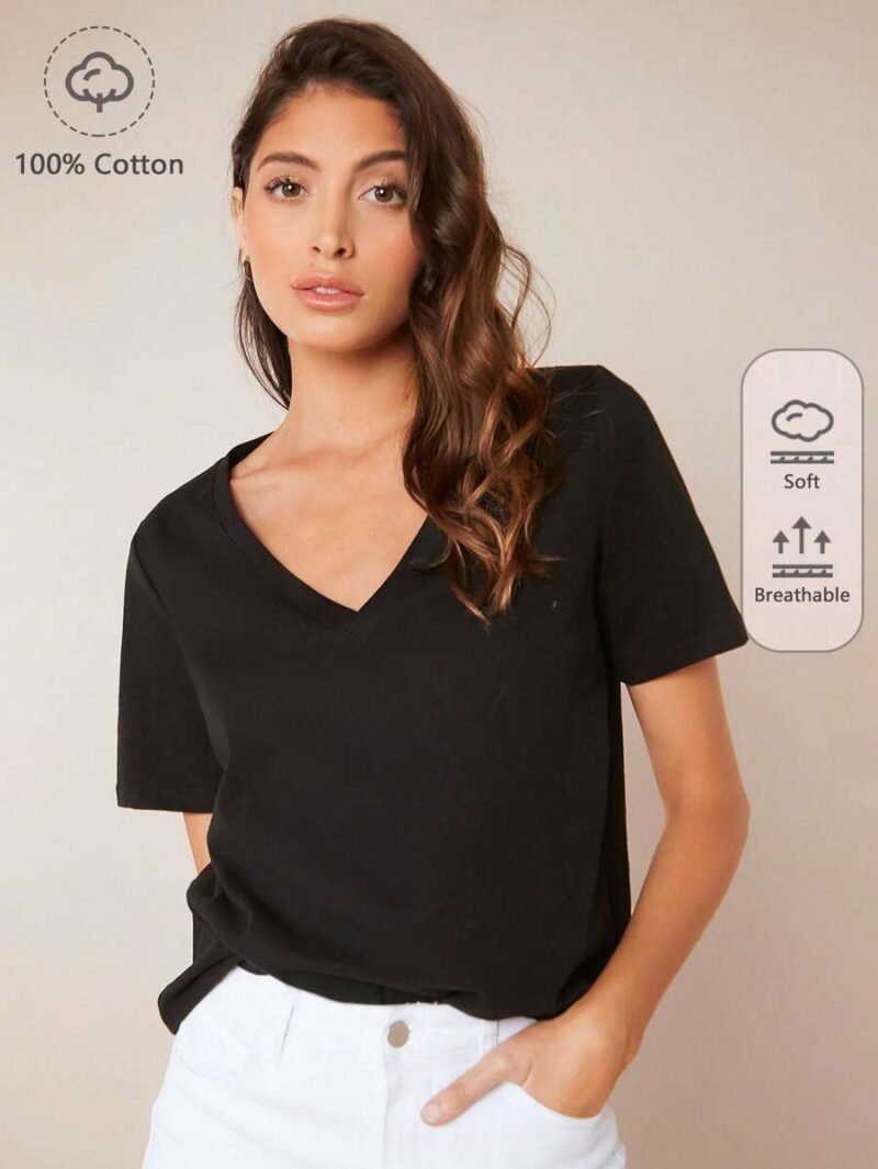 Sleeves V Neck Solid Casual Tee