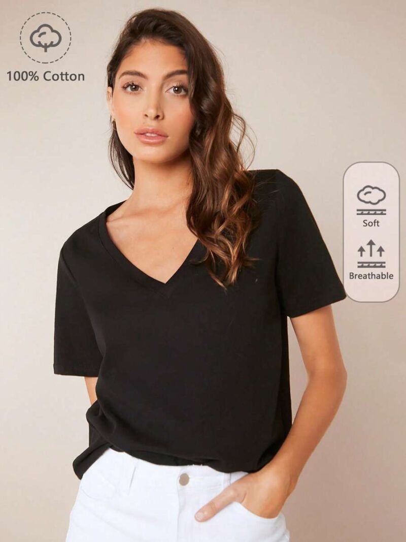 Sleeves V Neck Solid Casual Tee