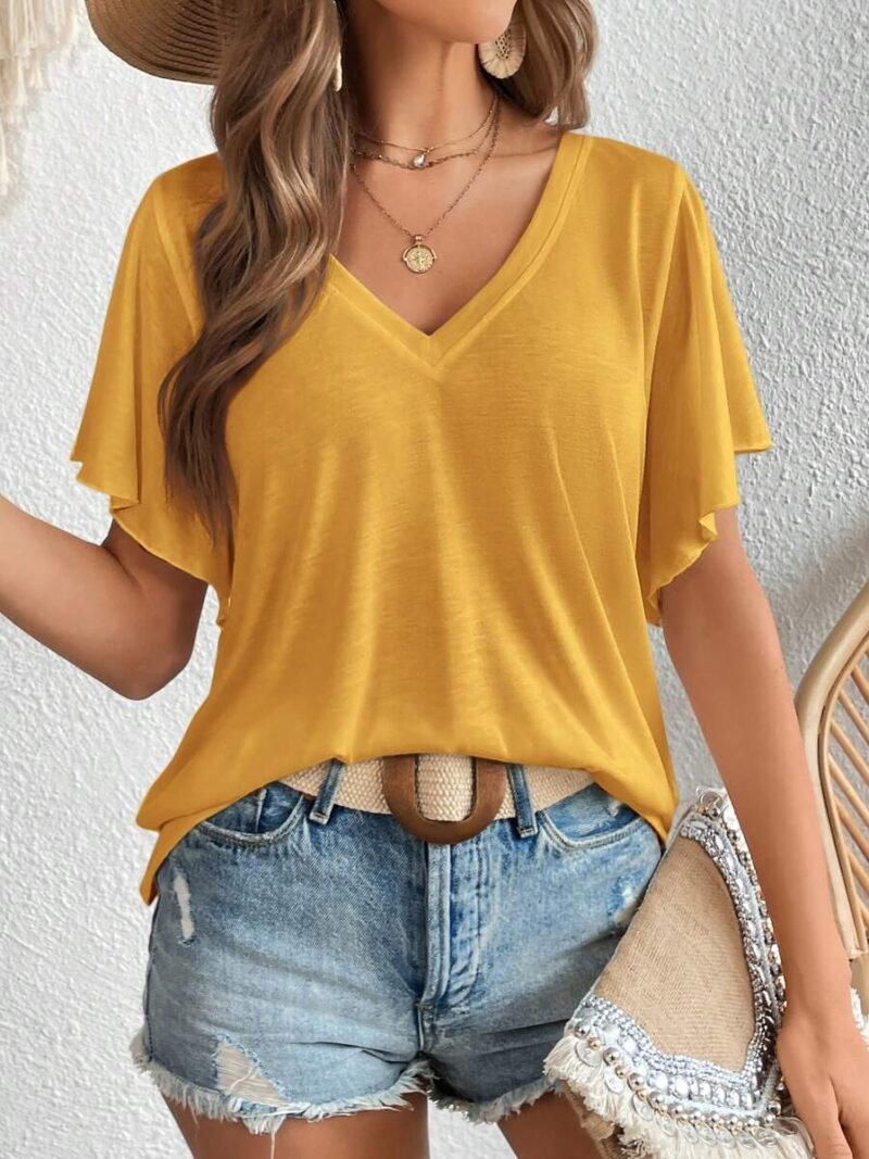 Solid V Neck Butterfly Sleeve Tee