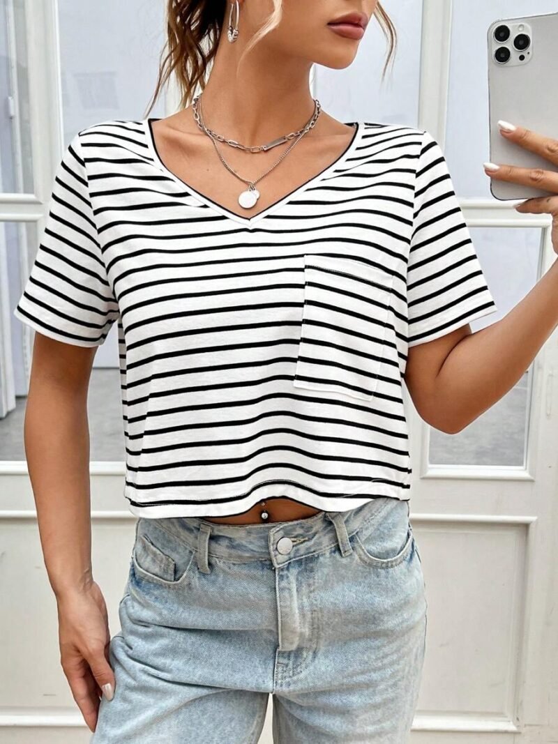 Striped Print Pocket Patched Tee