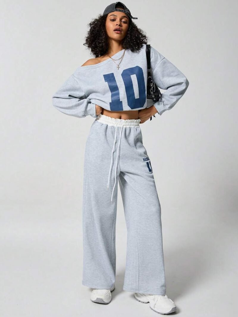 Asymmetrical Neck  Sweatshirt And Waistband Wide Leg Sweatpants