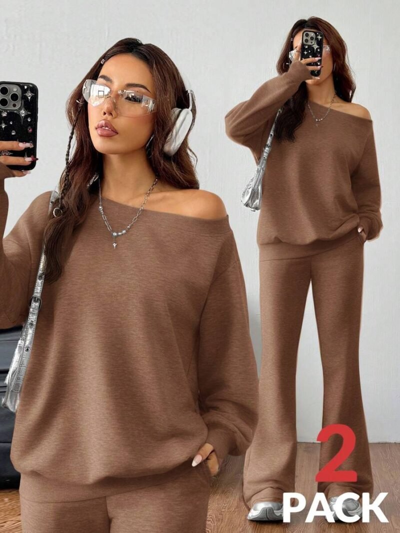 Asymmetrical Neck Long Sleeve Sweatshirt & Flare Pants