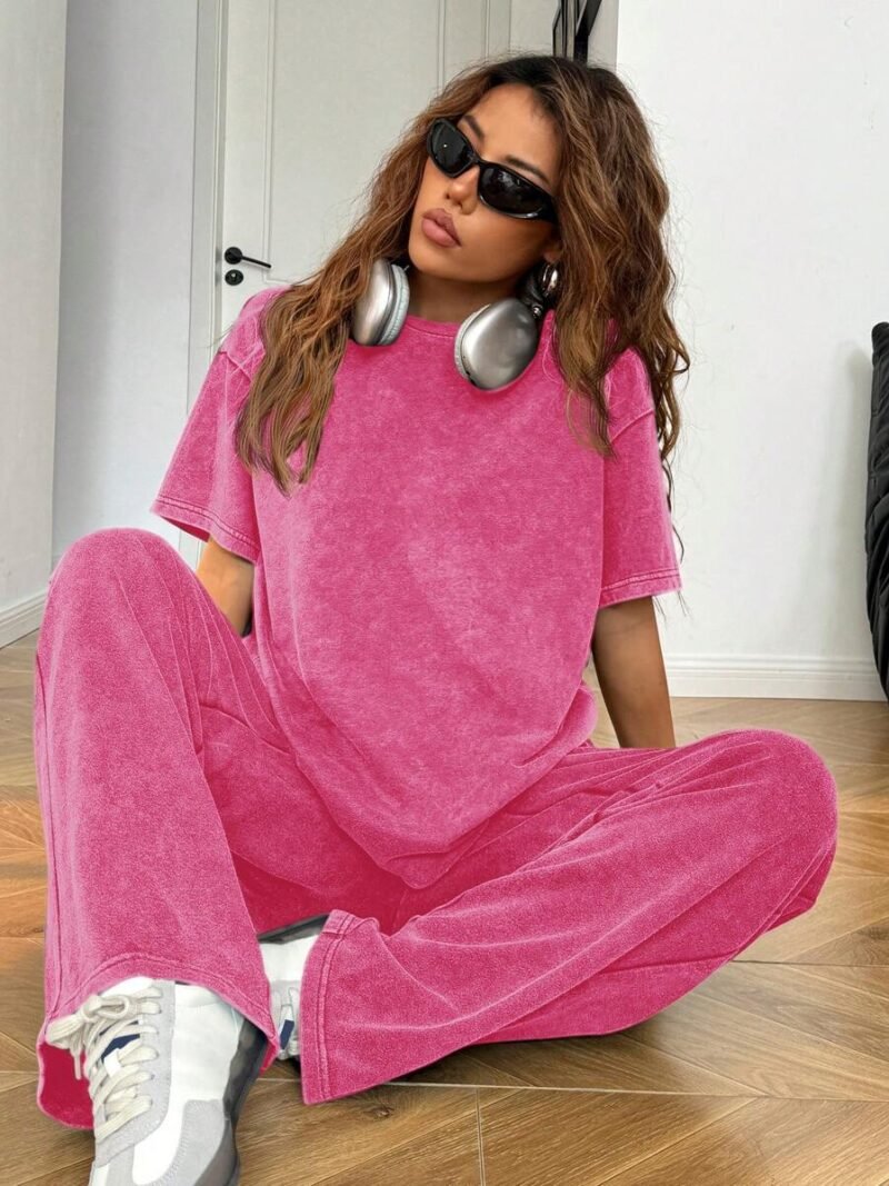 Crew Neck Short Sleeve Straight Leg Distressed Washing Loose Tracksuit
