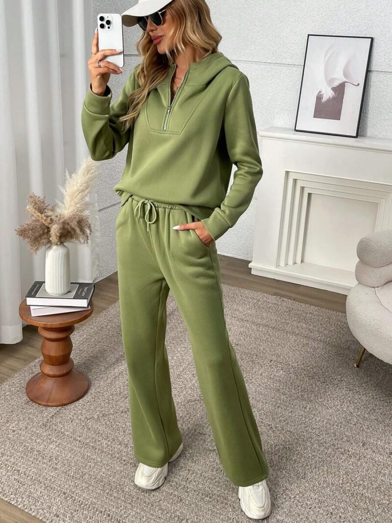 Hooded Partially Zippered Sweatshirt And Casual Pants