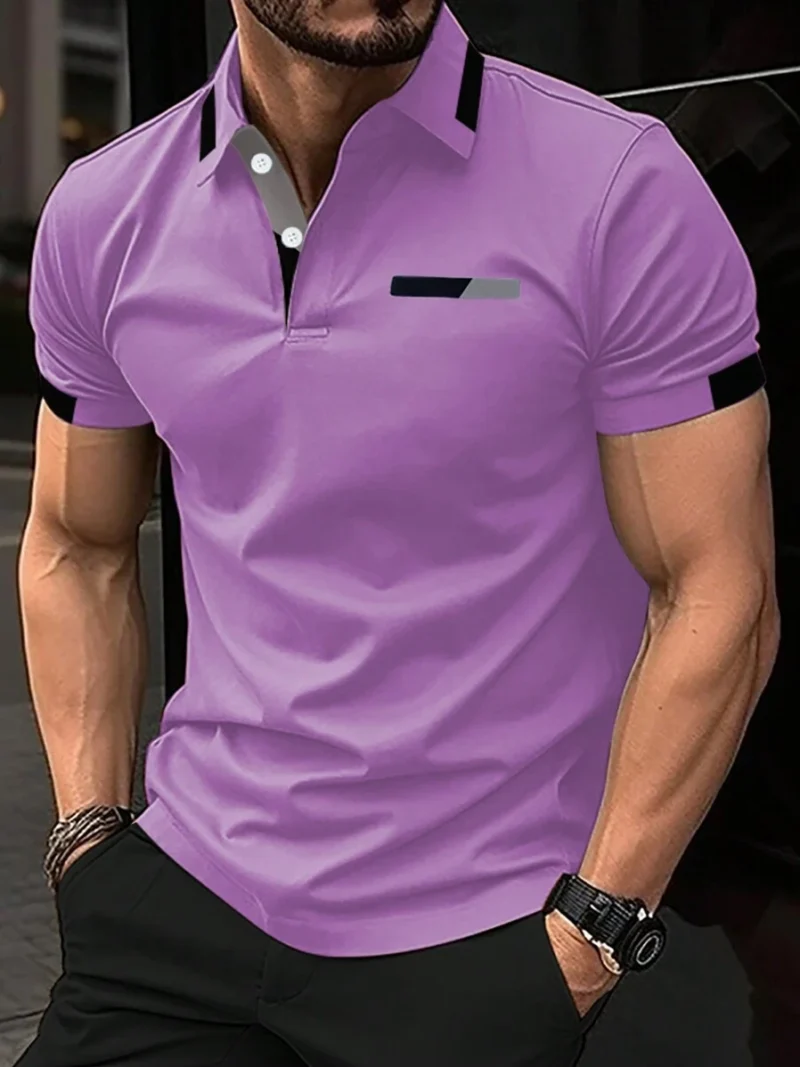 Casual Color Block Trim Short Sleeve Polo Shirt Purple Polo