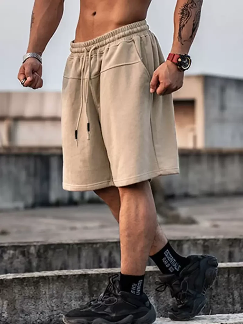 Drawstring Waist Wide Leg Shorts Knee Plain Khaki