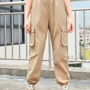 Casual Solid Color High Waisted Cargo Pants