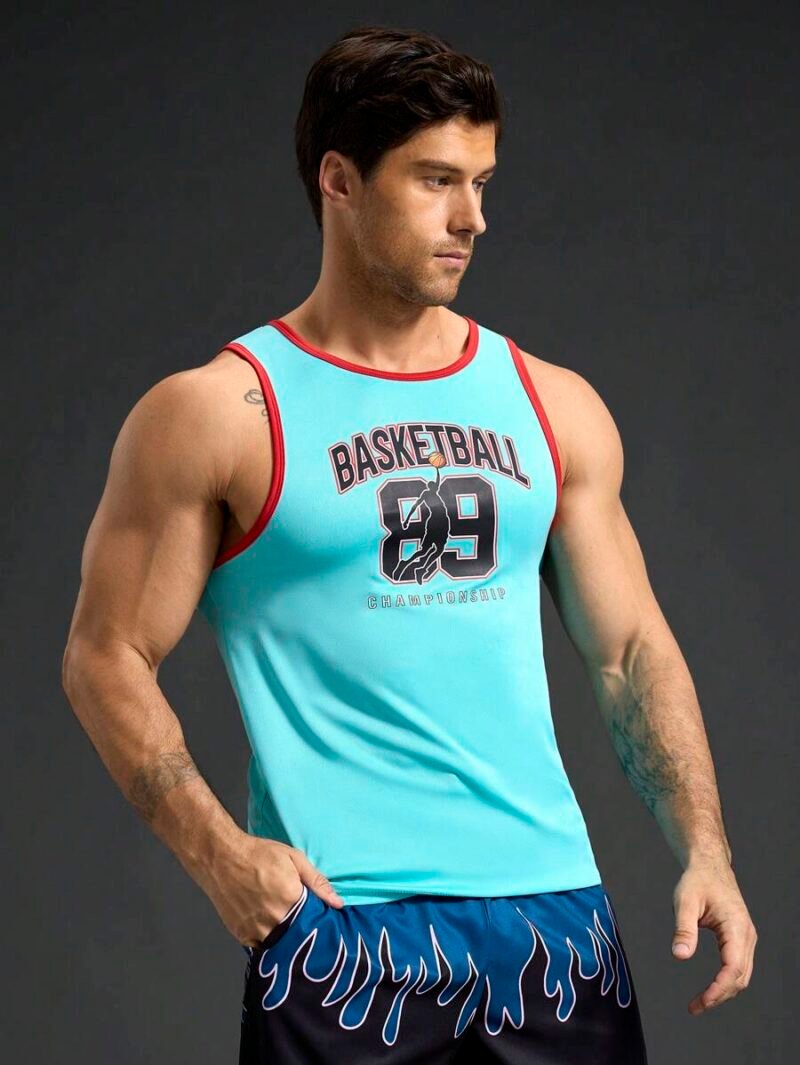Letter Print Trim Casual Fitness Sports Vest