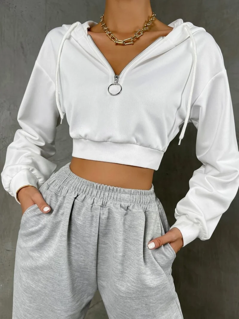 Half O Ring Zipper Drop Shoulder Drawstring Crop Hoodie