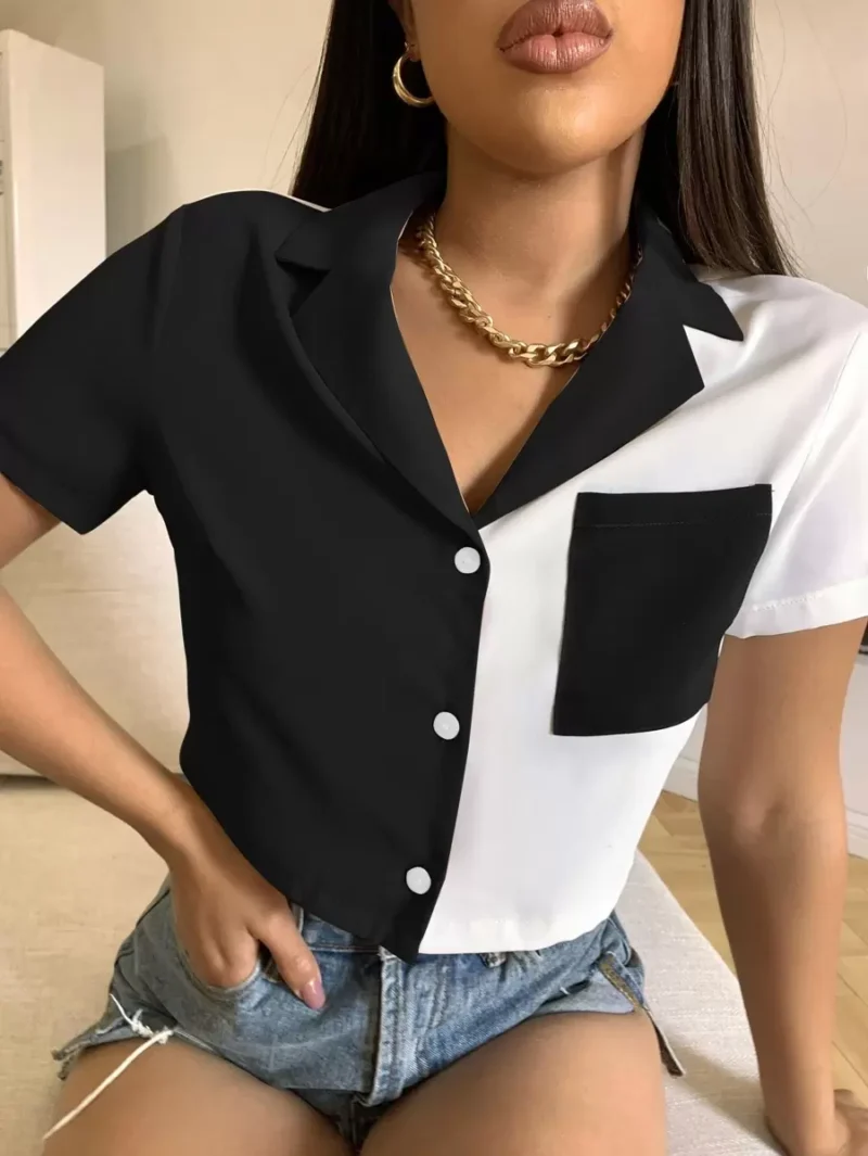 MATEO VaVaBold Patch Pocket Colorblock Crop Blouse