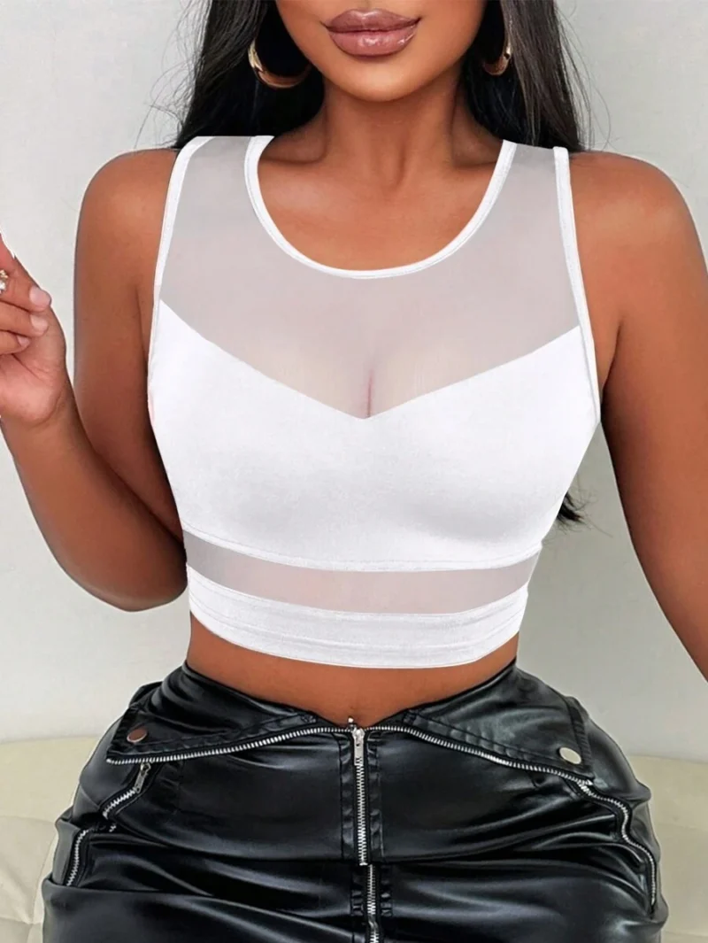 Solid Color Contrast Mesh Round Neck Crop Top