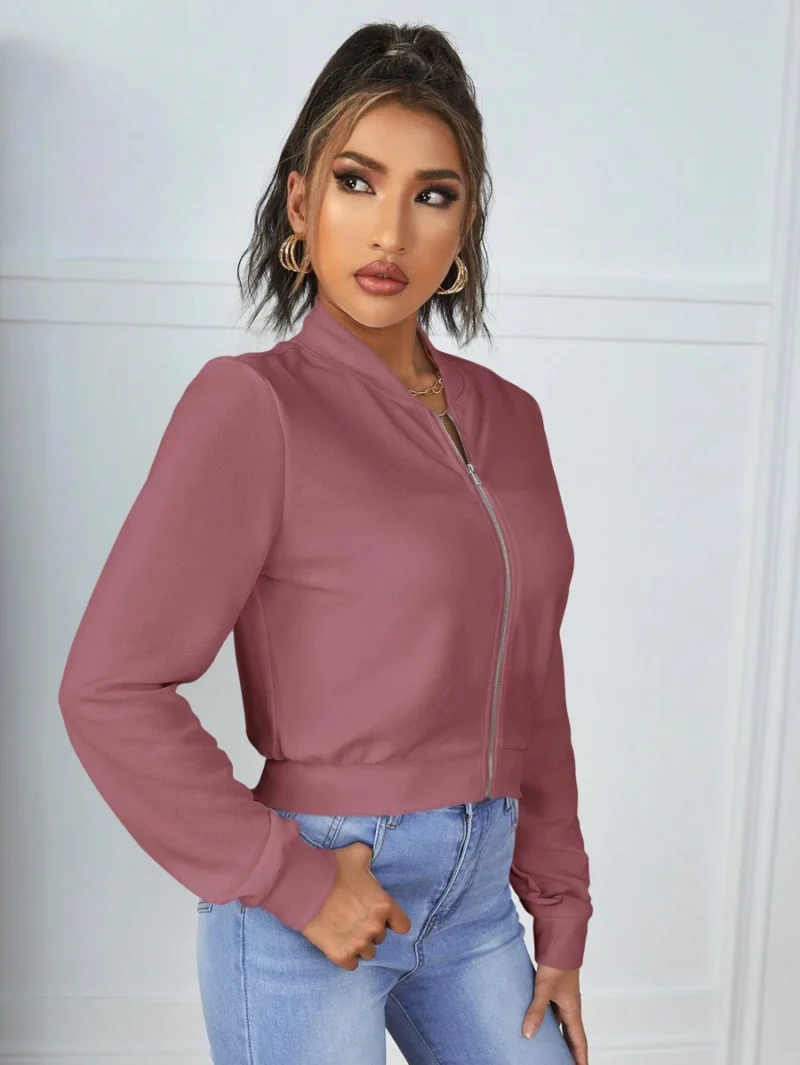 Solid Color Baseball Collar Long Sleeve Zipper Jacket