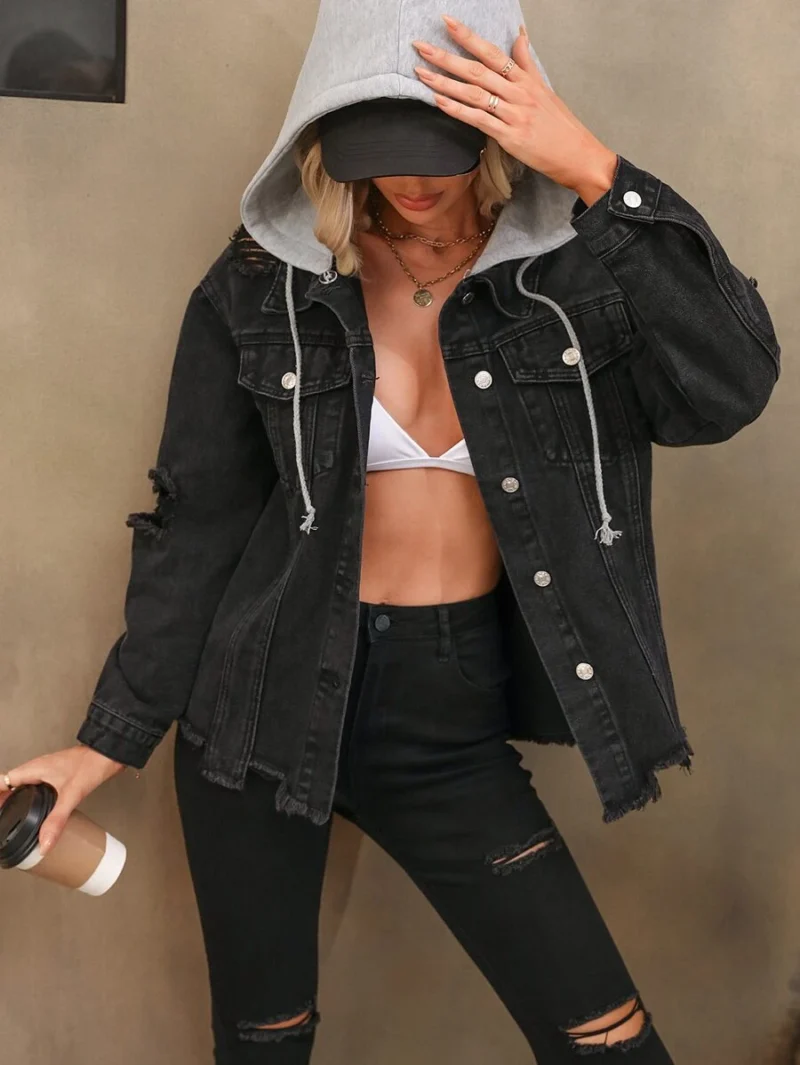 Ripped Drawstring Hooded Denim Jacket