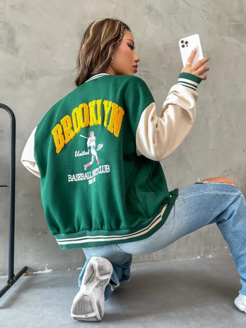 Letter Graphic Drop Shoulder Two Tone Varsity Jacket